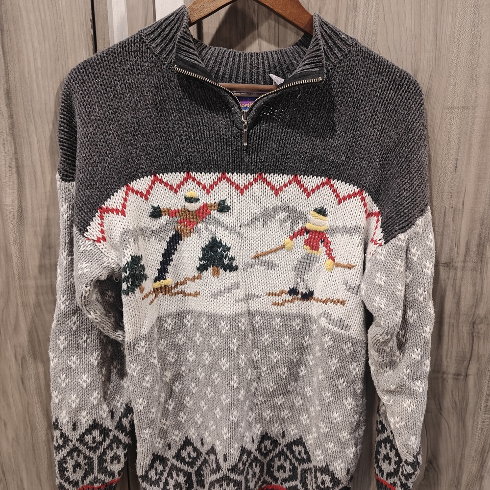Men's Gray Ski Motif Half-Zip Sweater